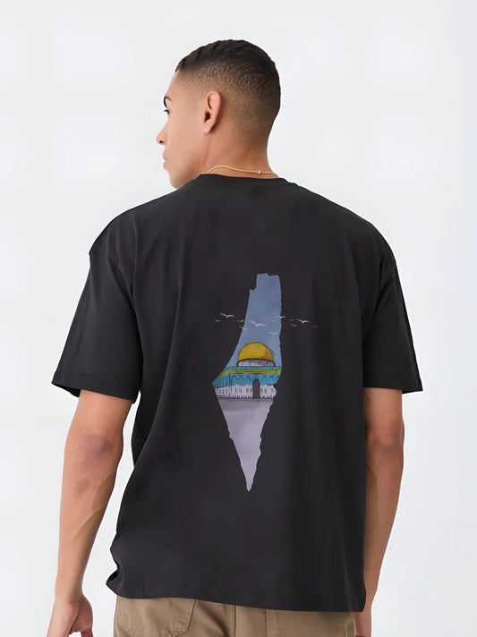 Back of black Palestine T-shirt featuring Dome of the Rock inside Palestine map outline – exclusive design from Zaroodi India.