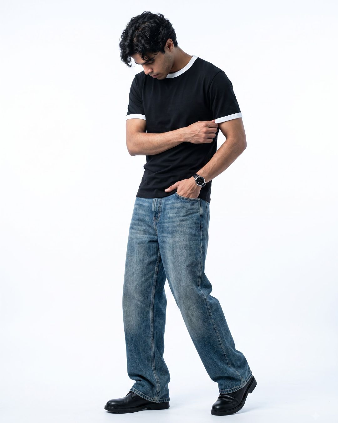 Patience black ringer t-shirt model view