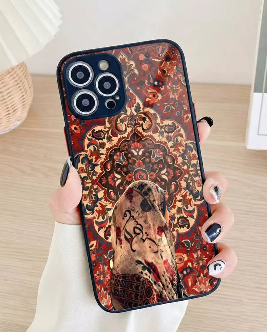 Persian aesthetic phone case featuring vintage carpet patchwork and Arabic calligraphy