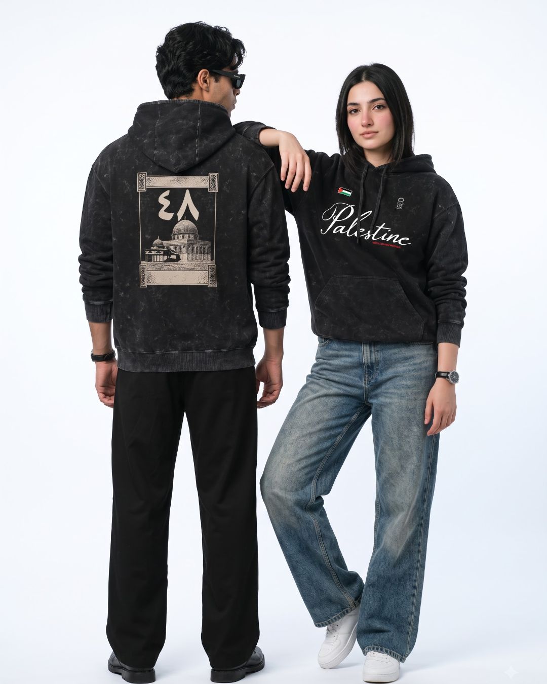 Lasting Roots Acid Wash Hoodie, couple front and back view