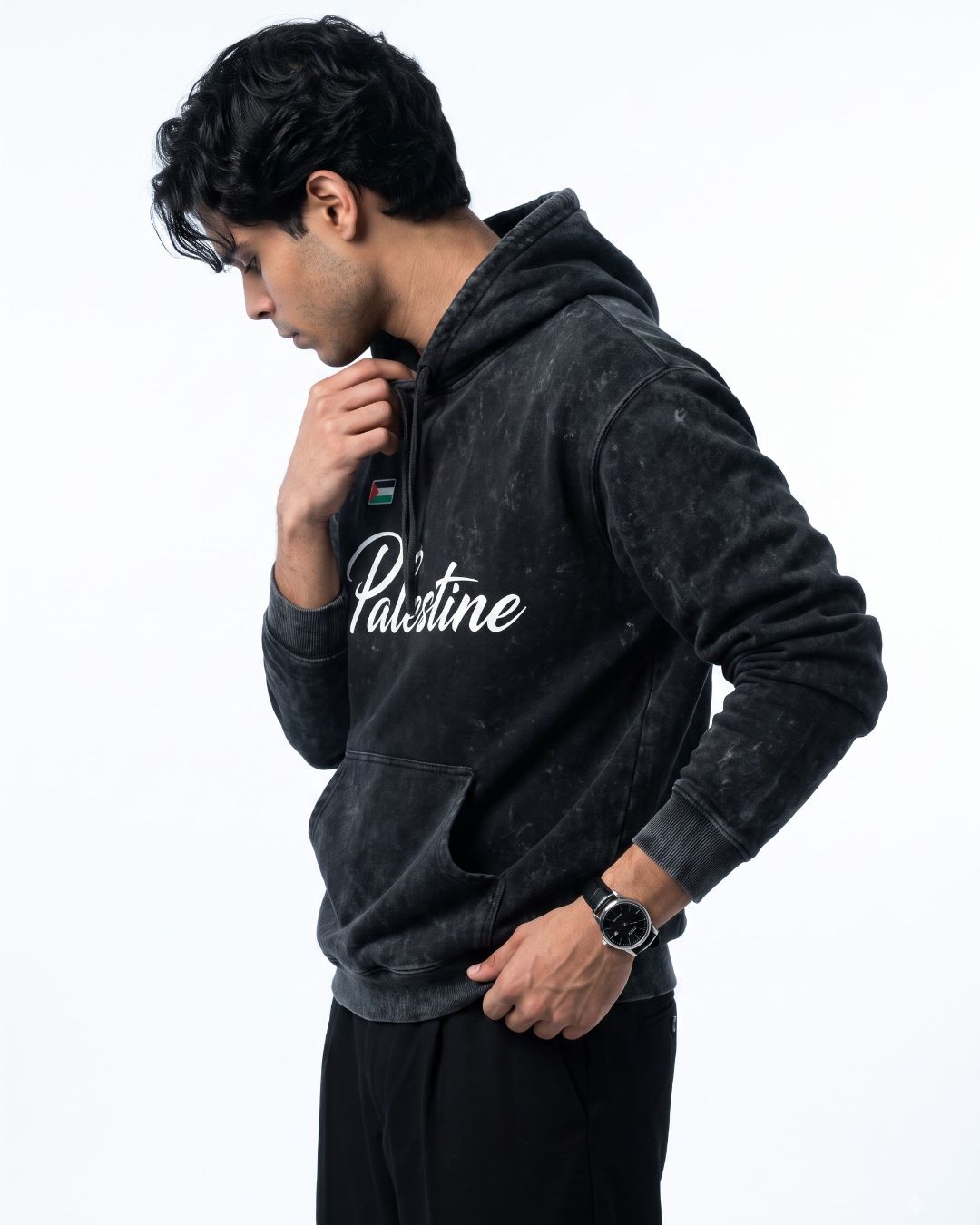 Lasting Roots Acid Wash Hoodie in black, angled front view