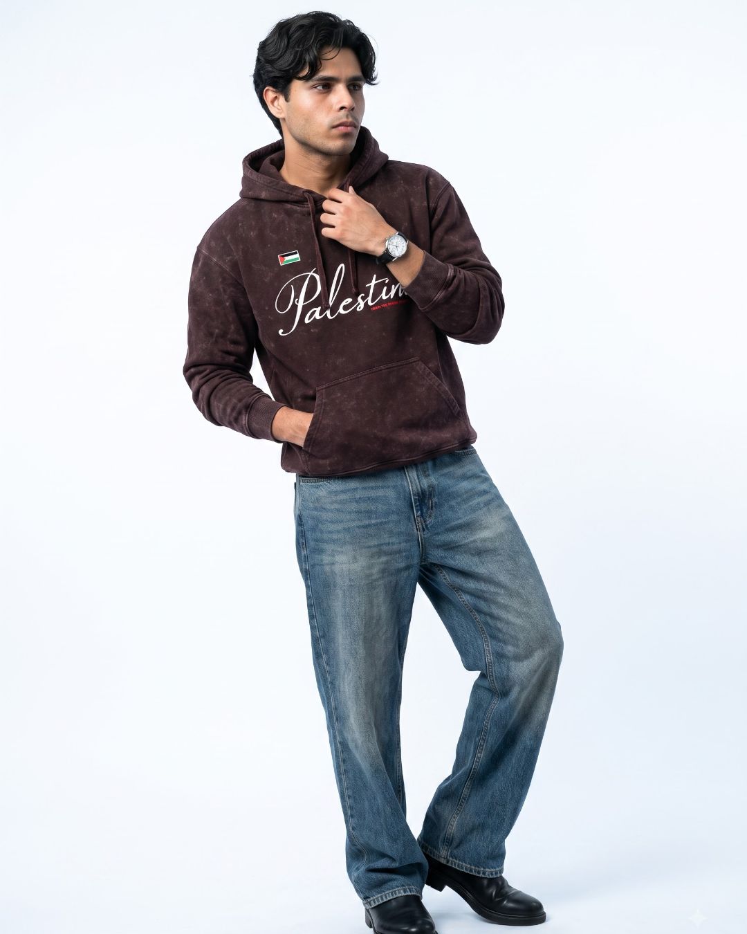 Lasting Roots Acid Wash Hoodie in maroon with blue denim, full view