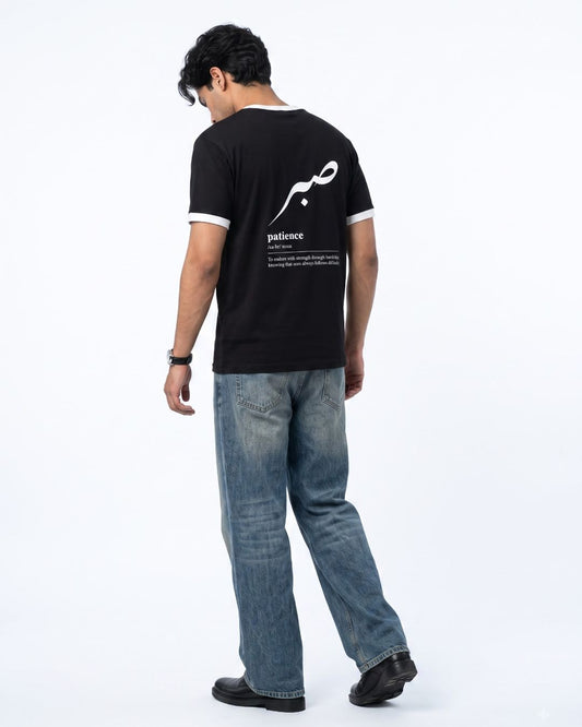 Patience black ringer t-shirt back detail view