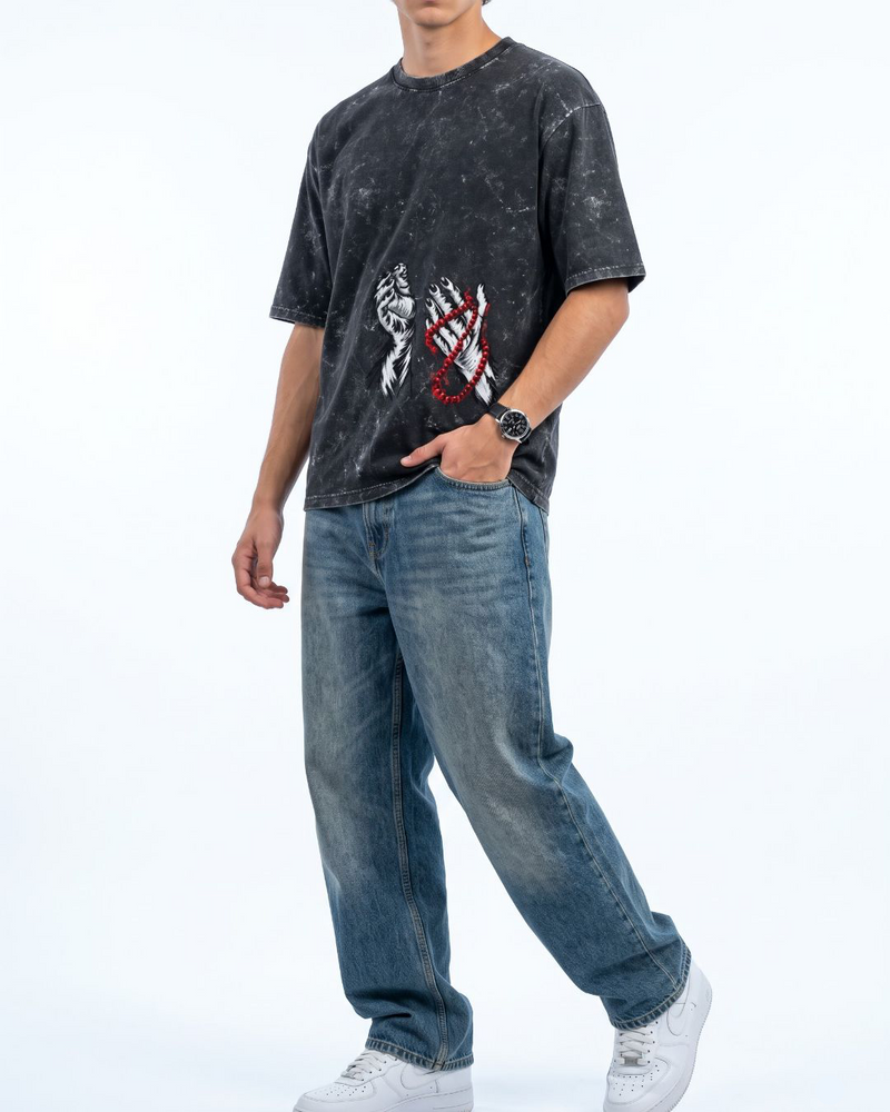 Tasbih Hands acid wash oversized t-shirt model view