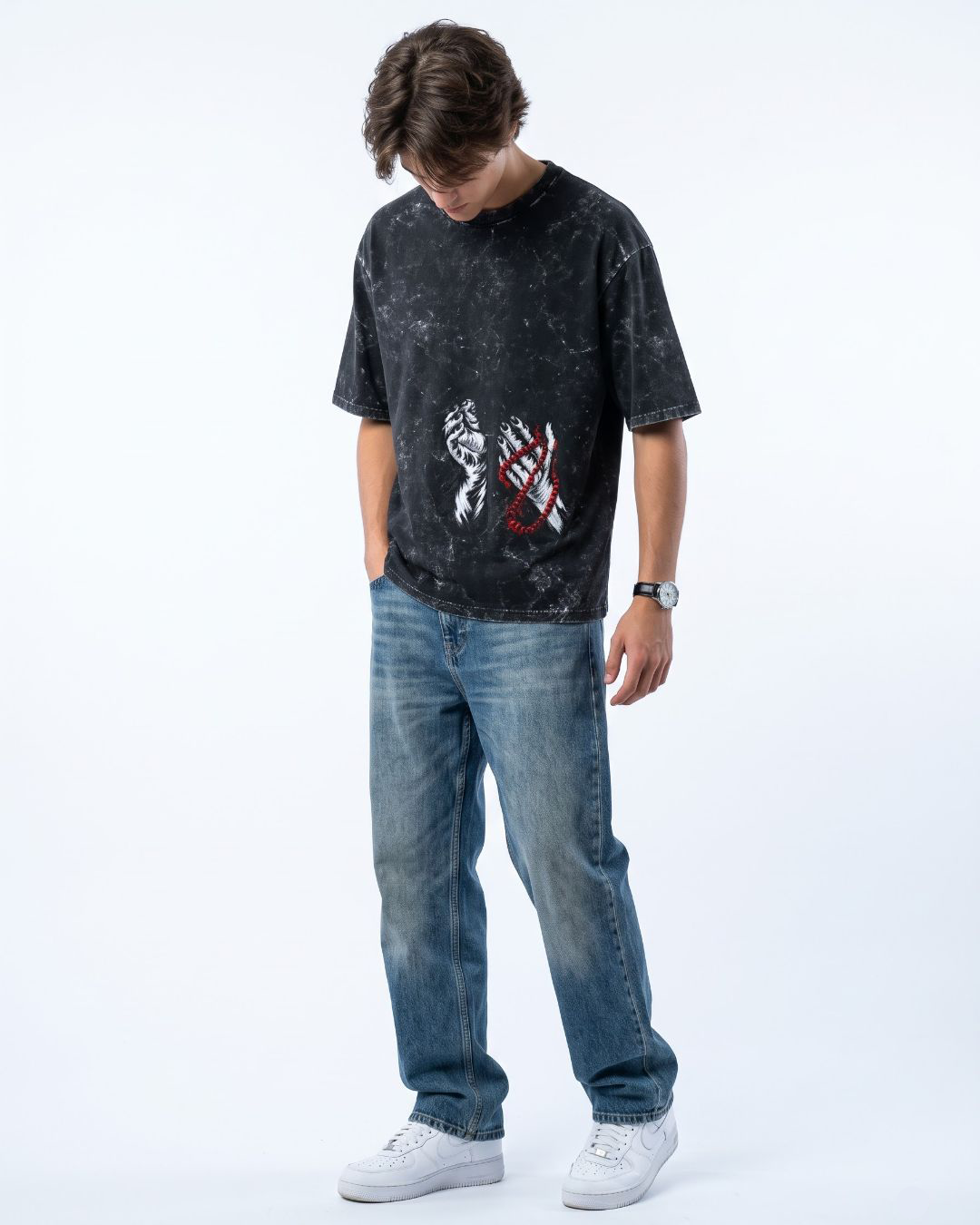Tasbih Hands acid wash oversized t-shirt front detail
