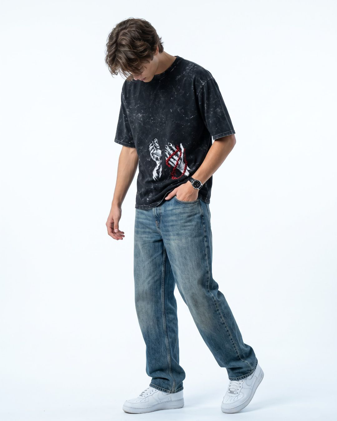 Tasbih Hands acid wash oversized t-shirt front view