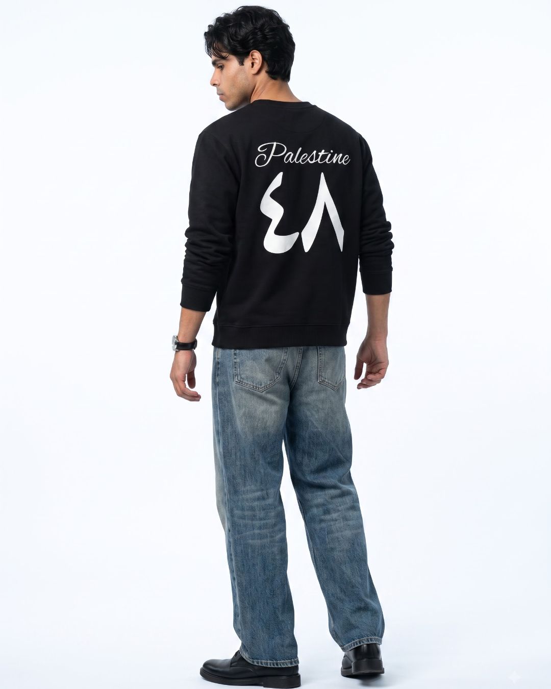 Black unisex Palestine sweatshirt angled back view
