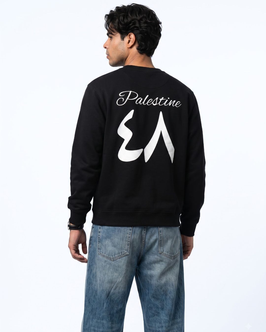 Close back view of the black Palestine sweatshirt