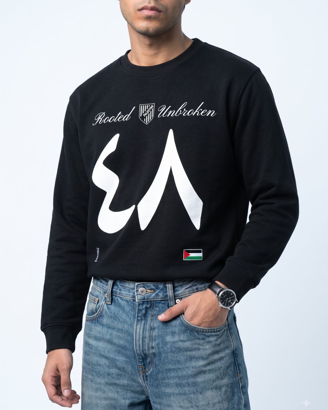 Close-up front view of the black Palestine sweatshirt design