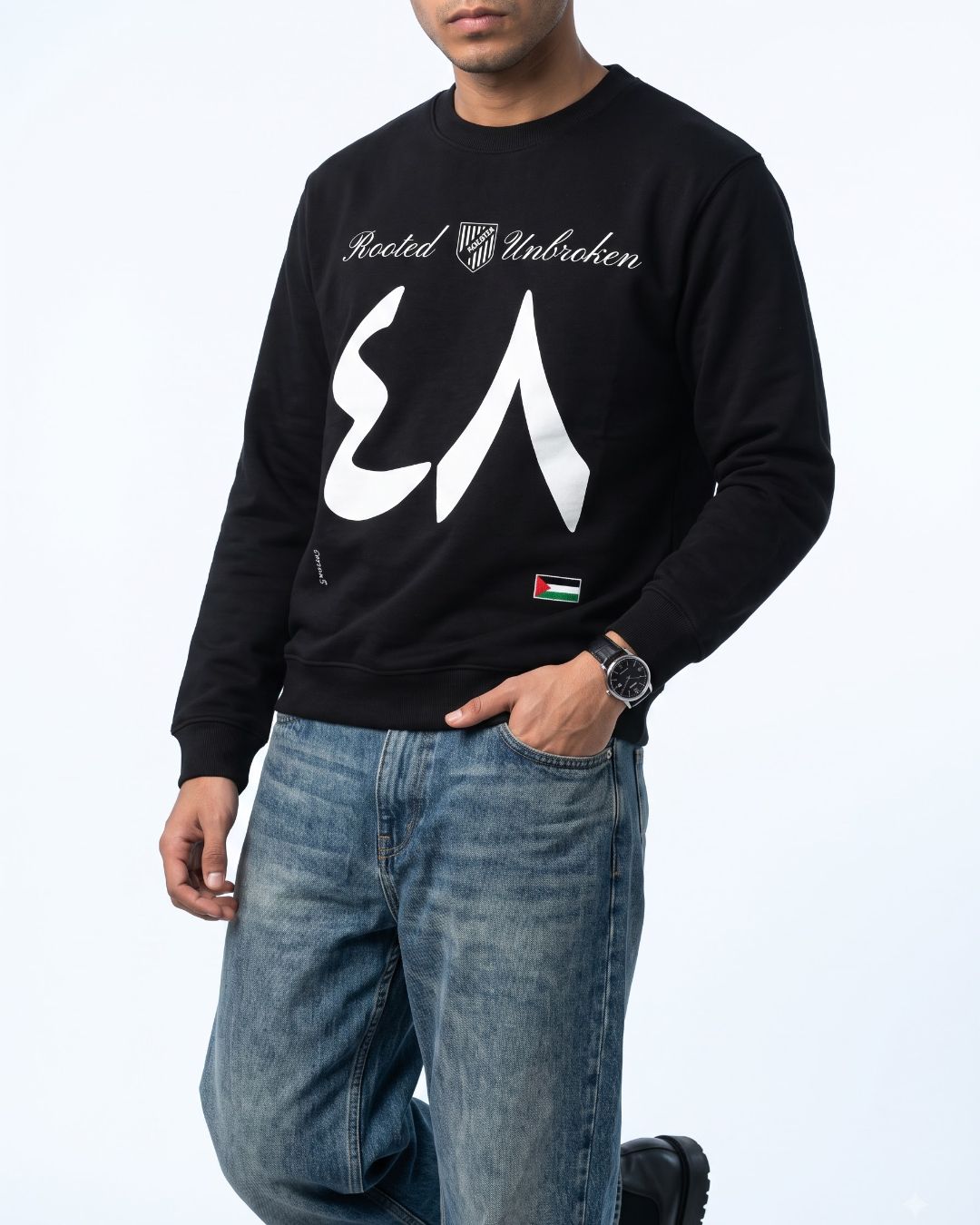 Black unisex Palestine sweatshirt front lifestyle view