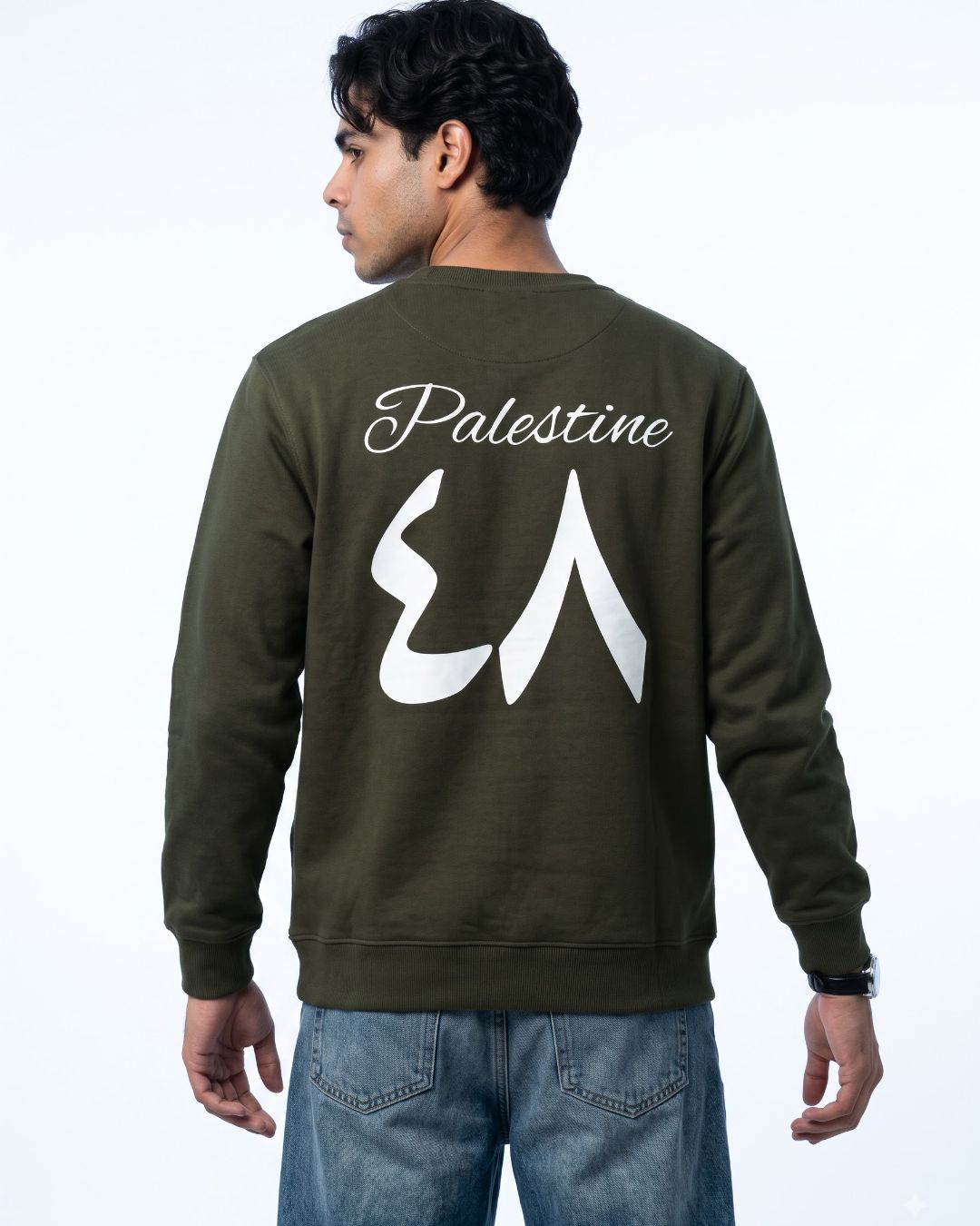 Unisex Palestine sweatshirt in olive green, back view